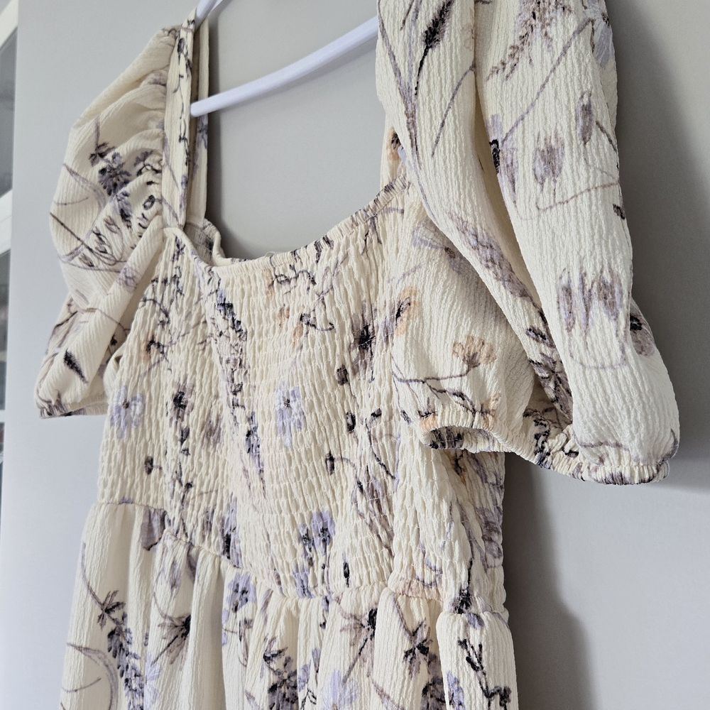 Cream Floral Print Puff Sleeve Dress